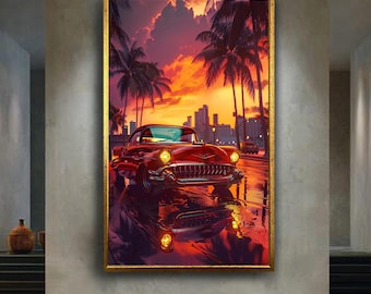 Vintage Red Chevy Sunset Canvas Wall Art – Classic Car with Palm Trees and City Skyline Tropical Evening Scene Home Decor