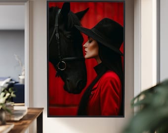 Woman and Black Horse Canvas Wall Art – Fashion Portrait with Red Background, Emotional Equestrian Photography Print for Bold Modern Décor