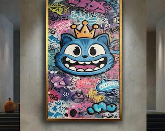 Blue Cartoon Cat Graffiti Wall Art Print, Urban Street Style Pop Art Canvas, Crowned Cat Character Poster, Colorful Hip Hop Decor
