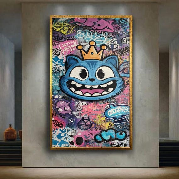 青い漫画猫のグラフィティウォールアートプリント、都会的なストリート