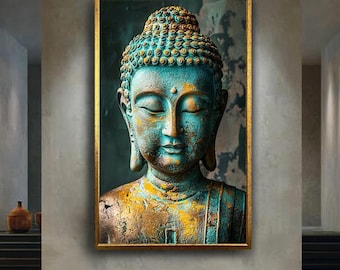 Antique Buddha Statue Wall Art Rustic Gold and Turquoise Spiritual Artwork Asian Zen Meditation Decor Mindfulness Print