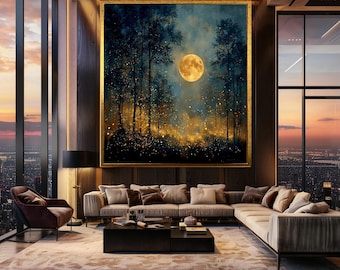 Magical Moonlight Forest Canvas Wall Art – Dreamy Night Landscape with Fireflies and Full Moon for Nature or Boho Home Decor