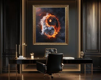 Fiery Yin Yang Wall Art with Fire and Smoke Elements, Spiritual Balance Canvas Print for Meditation, Energy or Fantasy Home Decor