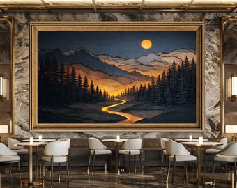 Layered Paper Cut Style Forest Canvas Art with Glowing River and Moonlit Mountain Landscape Wall Decor
