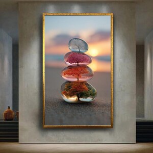 Lienzo decorativo de árbol de las cuatro estaciones con piedras apiladas: impresión zen inspirada en la naturaleza con fondo de atardecer para meditación o decoración del hogar.