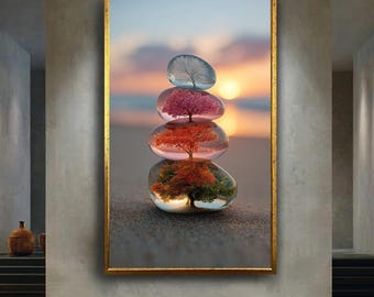 Four Seasons Tree Canvas Wall Art in Stacked Stones – Nature Inspired Zen Print with Sunset Background for Meditation or Home Decor