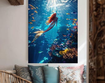 Colorful Underwater Canvas Print Of Mermaid With Red Hair Swimming Among Fish Fantasy Ocean Wall Art For Beach And Coastal Decor