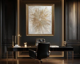 Gold Abstract Canvas Wall Art – Modern Metallic Sunburst Design in Neutral Tones for Contemporary Living Room or Office Decor