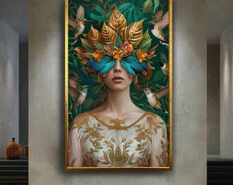 Tropical Woman with Hummingbirds Canvas Print, Exotic Floral Headpiece Fantasy Portrait Art for Bohemian and Nature Inspired Home Decor