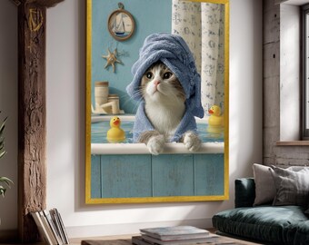 Funny Cat Bathroom Wall Art with Rubber Ducks and Towel Turban, Nautical Blue Bathtub Scene for Cute Pet Lovers and Kids Decor