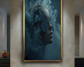 Mystical Butterfly Mask Canvas Wall Art – Dark Surreal Female Portrait with Smoke – Fantasy Gothic Print for Dreamy Home Decor