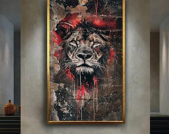 Graffiti Lion Canvas Wall Art, Red and Black Urban Jungle Street Style Print, Powerful Modern Animal Artwork with Bold Urban Texture
