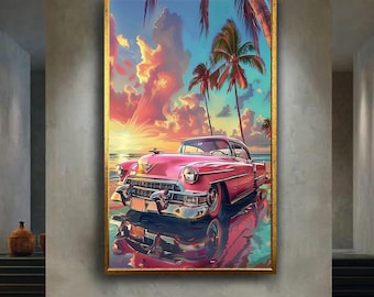 Pink Cadillac Beach Sunset Canvas Wall Art – Tropical Palm Trees and Ocean Classic Car Scene for Coastal or Retro Home Decor