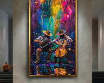 Colorful Musician Canvas Wall Art – Abstract Accordion and Cello Players Artwork for Music Room, Boho Style or Artistic Home Decor