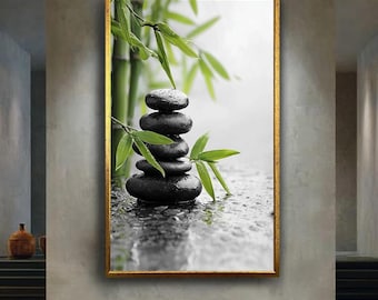 Zen Bamboo and Wet Stones Canvas Print – Minimalist Spa Style Wall Art for Meditation Room, Yoga Studio or Tranquil Home Decor