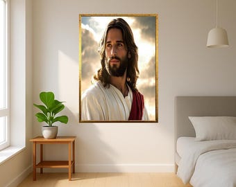Portrait of Jesus Christ with Serene Expression Under Heavenly Light Canvas Wall Art for Christian Home Prayer Room or Inspirational Gift