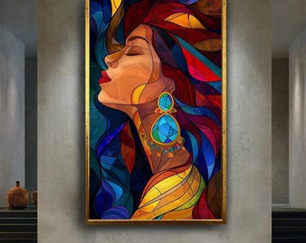 Stained Glass Woman Canvas Wall Art with Colorful Mosaic Details and Bold Jewelry – Elegant Modern Portrait Print for Artistic Decor