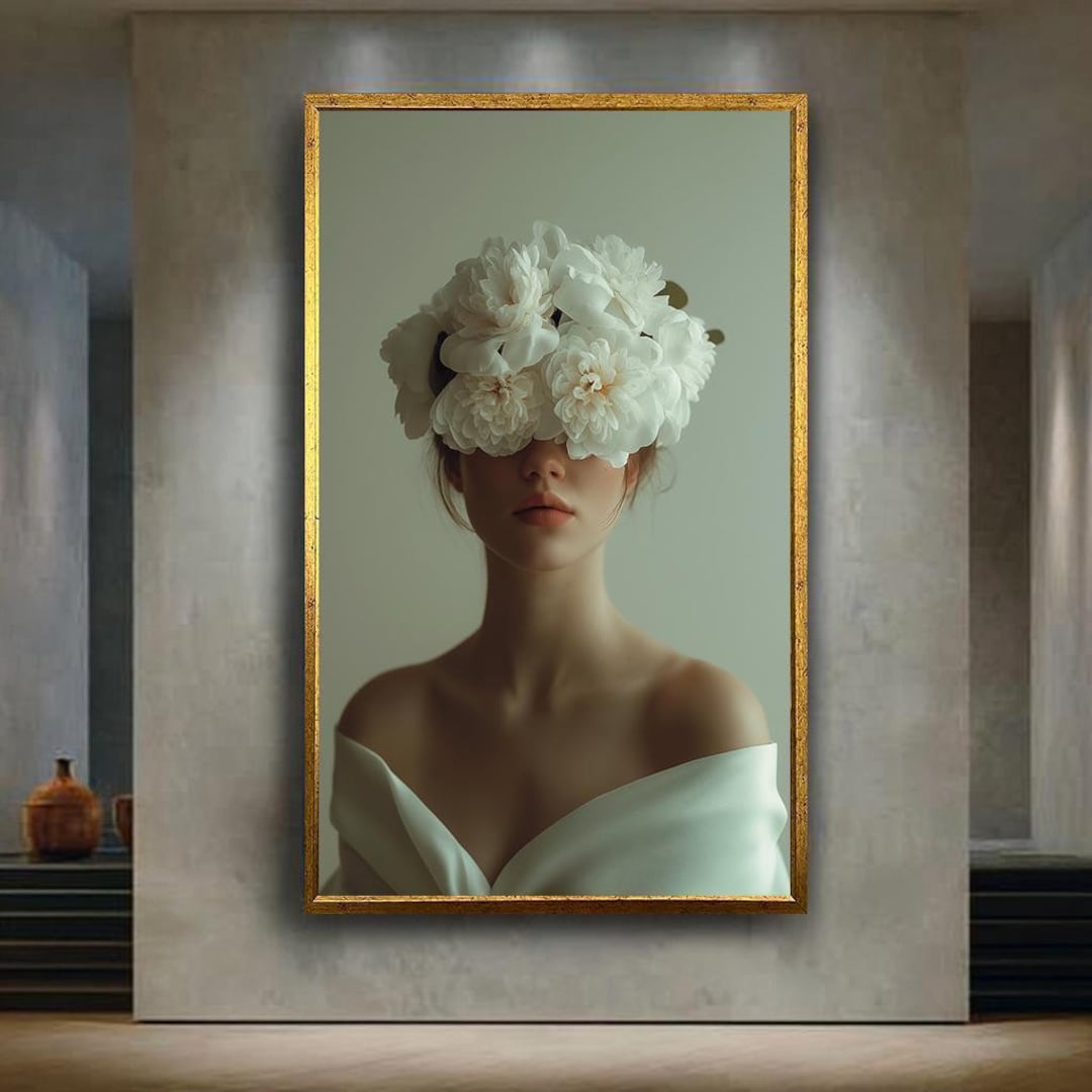 Minimalist Floral Woman Portrait Canvas Print Elegant White Flowers ...