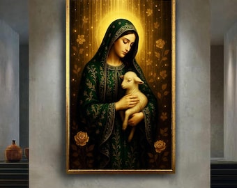 Virgin Mary with Lamb Canvas Wall Art, Sacred Religious Print, Holy Christian Artwork for Prayer Room or Spiritual Home Decor