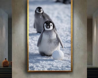 Cute baby penguin wall art snowy winter animal print nursery decor arctic wildlife illustration for kids room or baby shower gift