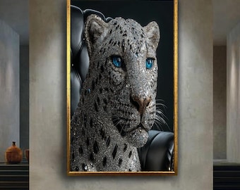 Luxury Diamond Leopard Canvas Wall Art with Blue Eyes, Glam Animal Portrait for Elegant Interior Decor, Crystal Panther Print Artwork
