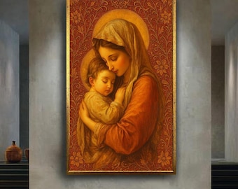 Virgin Mary and Child Religious Canvas Wall Art, Sacred Catholic Icon Print with Ornamental Background, Christian Spiritual Home Decor