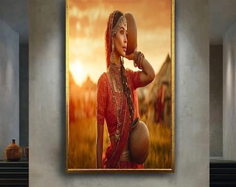 Traditional Indian Woman Canvas Wall Art with Red Saree and Clay Pots, Cultural Sunset Village Scene Home Decor for Living Room