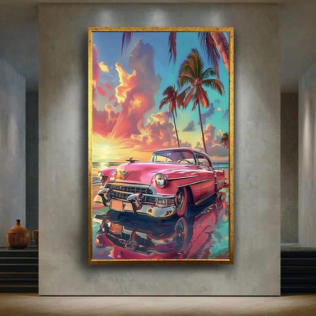 Pink Cadillac Beach Sunset Canvas Wall Art – Tropical Palm Trees