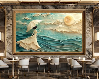 Romantic Woman Ocean Wall Art Print, Dreamy Sea Landscape Canvas Art, Feminine Abstract Artwork for Home Decor