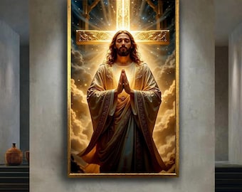 Praying Jesus Canvas Wall Art, Glorious Cross Christian Print, Spiritual Faith Artwork for Religious Home and Church Decor