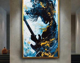 Electric Guitar Player Silhouette Canvas Wall Art, Abstract Music Painting for Home Decor, Gift for Musicians and Rock Lovers