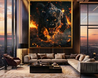 Fierce Black Panther Wall Art Print, Fiery Wild Animal Poster with Flames, Bold Jungle Predator Decor for Powerful Home Interiors