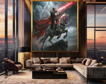 Epic Fantasy Knight Wall Art Print, Medieval Warrior with Red Energy Sword on Horse, Dark Stormy Sky Canvas Art for Gamer Room Decor
