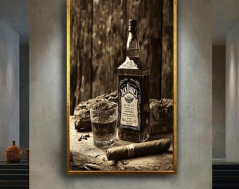 Vintage Whiskey and Cigar Canvas Wall Art Featuring Rustic Whiskey Bottle Scene for Bar Decor or Masculine Room Accent