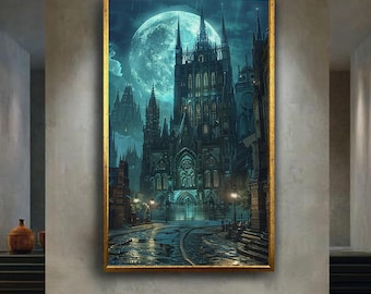 Gothic Cathedral Moonlight Wall Art Dark Fantasy Architecture Canvas Print Spooky Night Poster for Halloween or Gothic Decor Gift