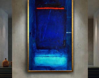 Deep Blue Abstract Expressionist Wall Art | Mark Rothko Art Print | Bold Red Line Painting Print for Contemporary Decor