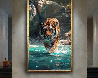 Tiger in Water Canvas Wall Art Jungle Animal Print Exotic Wildlife Poster for Nature Lover Home Decor or Bold Gift Idea