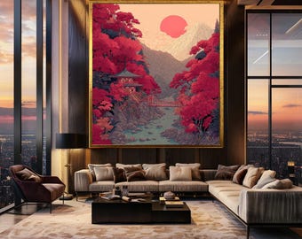 Japanese Temple Wall Art with Red Autumn Forest, Mountain Landscape and Sunset, Tranquil Nature Canvas Print for Zen Inspired Decor