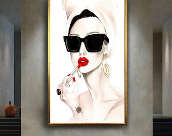 Chic Woman Portrait Canvas Wall Art – Fashion Illustration with Red Lipstick and Sunglasses for Glamorous Vanity or Bedroom Decor