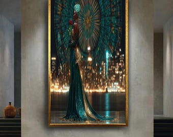 Elegant African Woman Canvas Wall Art with City Skyline, Green Gold Gown, Red Rose, Luxury Modern Home Decor for Living Room