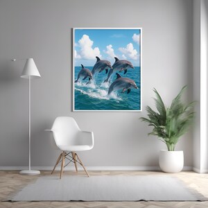 Impresión artística de pared con delfines saltando en el océano - Póster de animales marinos juguetones - Lienzo fotográfico de vida silvestre marina - Decoración de habitación de playa costera