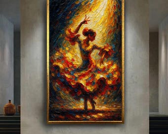 Flamenco Dancer Under Spotlight Canvas Oil Print Passionate Dance Wall Art Colorful Impressionist Style Poster For Creative Home Decor