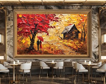 Romantic Autumn Cabin Wall Art Print, Couple with Red Umbrella Canvas Art, Textured Fall Painting Style Artwork for Cozy Decor