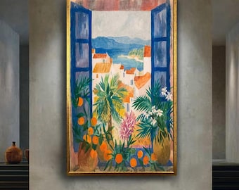 Mediterranean Window View Wall Art Colorful Coastal Village Print Tropical Sea Landscape Artwork Summer Home Decor