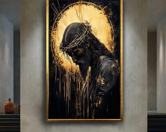 Crown of thorns Jesus canvas wall art print, sacred Christian artwork with gold halo, spiritual religious decor for prayer room or church