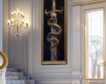 Golden Serpent Sword Wall Art Fantasy Weapon Canvas Art Dark Mythical Snake Blade Gothic Warrior Decor