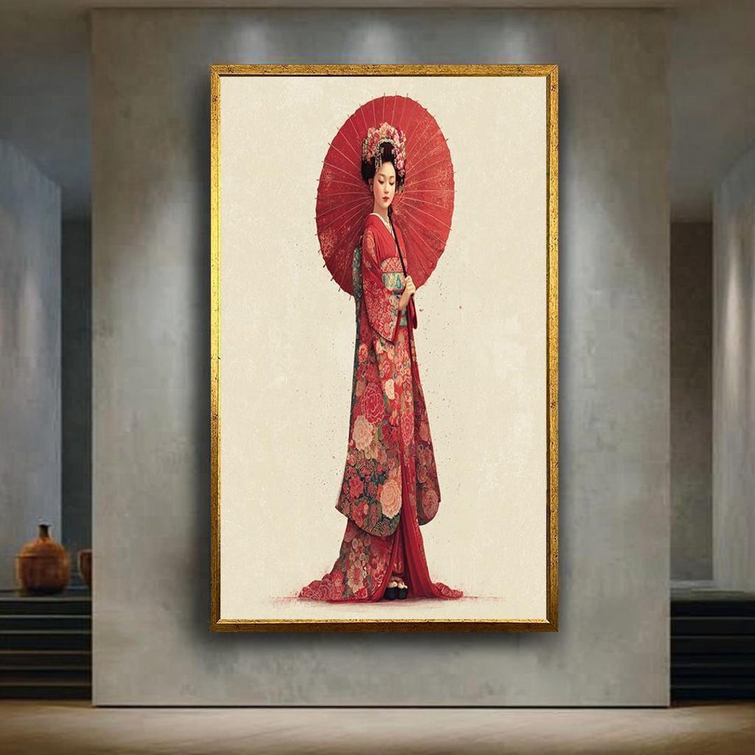 Red Japanese Geisha Wall Art Print – Elegant Kimono Woman With Umbrella ...