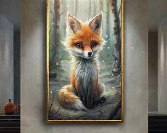 Cute Baby Fox Canvas Wall Art, Adorable Woodland Animal Illustration, Fantasy Forest Fox Print for Nursery, Kids Room or Rustic Decor