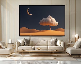 Surreal Desert Tree and Crescent Moon Canvas Wall Art Minimalist Fantasy Night Landscape Print for Bedroom Living Room Decor