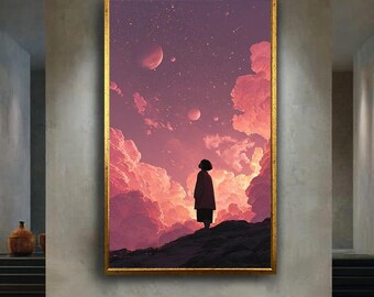 Pink Dreamy Sky Wall Art Print, Girl Looking at Galaxy Fantasy Canvas, Surreal Space Clouds Poster, Cosmic Pastel Digital Artwork
